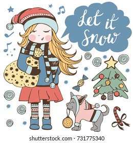 Hand drawn winter poster with cute girl, dog and holiday elements. Christmas and New year theme. Cartoon vector design for holiday postcards, greeting cards, prints, t-shirt.