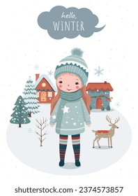 Hand drawn winter poster with girl, snowy trees, house. Wnter christmas card for event invitation, voucher, social media. Wintry scenes. 