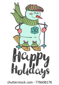 Hand drawn winter poster with snowman and lettering. Christmas theme. Cartoon vector illustration for holiday postcards, greeting cards, prints, t-shirt.