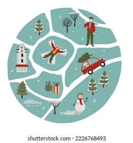Hand Drawn winter round map creator with houses, pine trees, celebrating  people and outdoor elements. Flat Chrstmas illustration for poster, greeting card, print