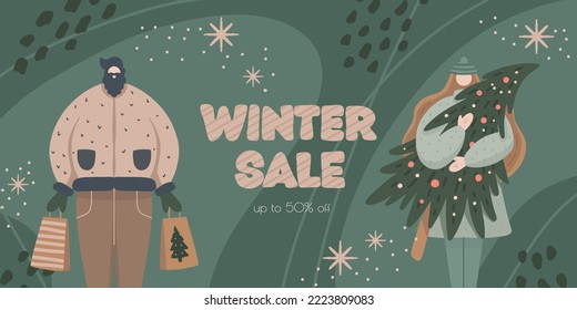 Hand drawn Winter Sale banner. Men and women buying gifts at Christmas sale. Shopping on winter holidays concept 
