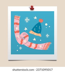 Escarcha de invierno dibujada a mano y sombrero en marco fotográfico. Ilustración de tarjetas vectoriales de Navidad