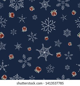 Hand drawn winter seamless pattern. Merry christmas and happy new year pattern. Vector illustration. Snowflakes, berry.