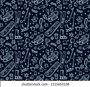 Hand Drawn Winter seamless pattern. Winter Active Rest, Ski, Skates, Sleigh,Snowboarding, Mountain resort texture. Vector Snowboard design, Extreme sport backdrop.