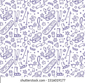 Hand Drawn Winter seamless pattern. Winter Active Rest, Ski, Snowboarding, Mountain resort texture. Vector Snowboard design, Extreme sport backdrop.