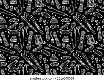 Hand Drawn Winter seamless pattern. Winter Active Rest, Ski, Snowboarding, Mountain resort texture. Vector Snowboard design, Extreme sport backdrop.