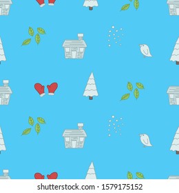 Hand drawn winter seamless pattern , home, glove, tree, bird, snowflakes and leaf