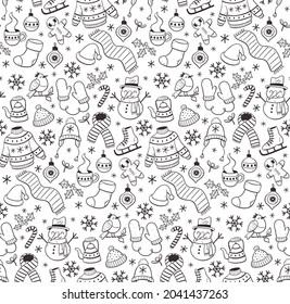 Hand drawn winter seamless pattern with winter elements. Winter clothes, snowman, birds, leaves and christmas decoration. Doodle vector illustration with isolated elements.