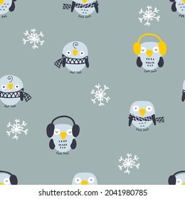 Hand drawn winter seamless pattern with owls and snowflakes. Perfect for T-shirt, textile and prints. Cartoon style vector illustration for decor and design.


