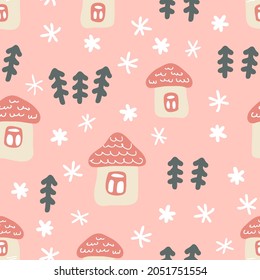 Hand drawn winter seamless pattern with houses, Christmas trees and snowflakes. Perfect for T-shirt, textile and prints. Cartoon style vector illustration for decor and design.

