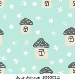 Hand drawn winter seamless pattern with houses and snowflakes. Perfect for T-shirt, textile and prints. Cartoon style vector illustration for decor and design.

