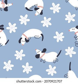 Hand drawn winter seamless pattern with dachshunds and snowflakes. Perfect for T-shirt, postcard, textile and print. Doodle vector illustration for decor and design.
