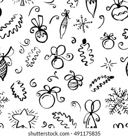 Hand drawn winter seamless pattern with abstract swirl elements, holly, pine tree branches, decoration balls with bows and snowflakes  in line art ink doodle style with black and white colors