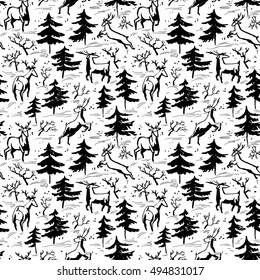 Hand drawn winter seamless pattern with deer and pine trees in doodle incomplete style. Artistic black and white illustration. Design element for christmas wrapping paper, cards and posters