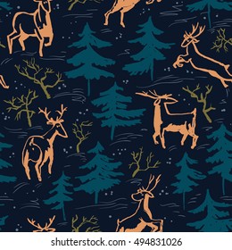 Hand drawn winter seamless pattern with deer and pine trees in doodle incomplete style. Artistic illustration. Design element for christmas wrapping paper, cards and posters