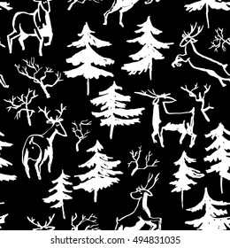 Hand drawn winter seamless pattern with deer and pine trees in doodle incomplete style. Artistic black and white  illustration. Design element for christmas wrapping paper, cards and posters