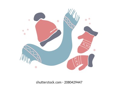Hand drawn winter set clothes with cap, scarf and mittens isolated on white background. Vector flat illustration. Design for greeting card, poster, print, banner
