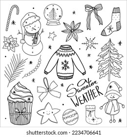 Hand drawn winter set. Collection of vector doodles