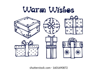 Hand drawn winter set with gift boxes and handwritten text. Inscription - Warm Wishes