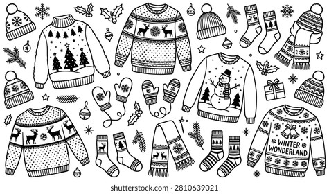 Hand drawn winter set with knitted sweaters hats socks mittens scarves snowflakes and gifts. Cute festive holiday apparel elements for seasonal design project isolated on white background.