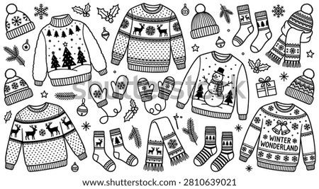 Hand drawn winter set with knitted sweaters hats socks mittens scarves snowflakes and gifts. Cute festive holiday apparel elements for seasonal design project isolated on white background.