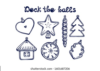 Hand drawn winter set with tree decorations and handwritten text. Inscription - Deck the halls