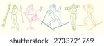 Hand drawn winter ski and apres ski illustration set in whimsical doodle style. Includes skiers, snowboard, clothing, equipment, cocktails and holiday elements. Cute line art, vintage look, isolated