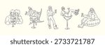 Hand drawn winter ski and apres ski illustration set in whimsical doodle style. Includes skiers, snowboard, clothing, equipment, cocktails and holiday elements. Cute line art, vintage look, isolated