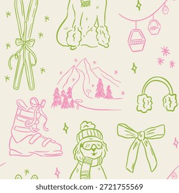 Hand drawn winter ski and apres ski seamless pattern in whimsical doodle style. Includes skiers, snowboard, clothing, equipment, cocktails and holiday elements. Cute line art, vintage background