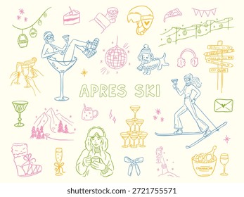 Hand drawn winter ski and apres ski illustration set in whimsical doodle style. Includes skiers, snowboard, clothing, equipment, cocktails and holiday elements. Cute line art, vintage look, isolated