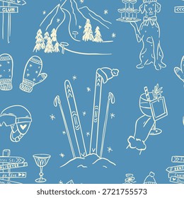 Dibujado a mano esquí de invierno y apres esquí sin patrón en estilo doodle caprichoso. Incluye esquiadores, snowboard, prendas de vestir, equipamiento, cócteles y Elementos de vacaciones. Lindo arte de línea, fondo vintage