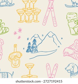 Desenhado à mão esqui de inverno e apres esqui padrão sem costura em estilo de doodle caprichoso. Inclui esquiadores, snowboard, roupas, equipamentos, coquetéis e elementos de férias. Linguagem artística, fundo vintage