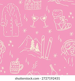 Desenhado à mão esqui de inverno e apres esqui padrão sem costura em estilo de doodle caprichoso. Inclui esquiadores, snowboard, roupas, equipamentos, coquetéis e elementos de férias. Linguagem artística, fundo vintage