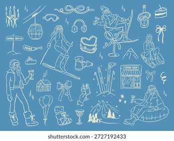 Dibujado a mano esquí de invierno y apres esquí ilustración en estilo doodle caprichoso. Incluye esquiadores, snowboard, prendas de vestir, equipamiento, cócteles y Elementos de vacaciones. Lindo arte de línea, aspecto vintage, aislado