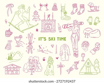 Dibujado a mano esquí de invierno y apres esquí ilustración en estilo doodle caprichoso. Incluye esquiadores, snowboard, prendas de vestir, equipamiento, cócteles y Elementos de vacaciones. Lindo arte de línea, aspecto vintage, aislado