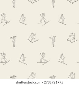 Hand drawn winter ski and apres ski seamless pattern in whimsical doodle style. Includes skiers, snowboard, clothing, equipment, cocktails and holiday elements. Cute line art, vintage background