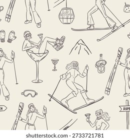Hand drawn winter ski and apres ski seamless pattern in whimsical doodle style. Includes skiers, snowboard, clothing, equipment, cocktails and holiday elements. Cute line art, vintage background