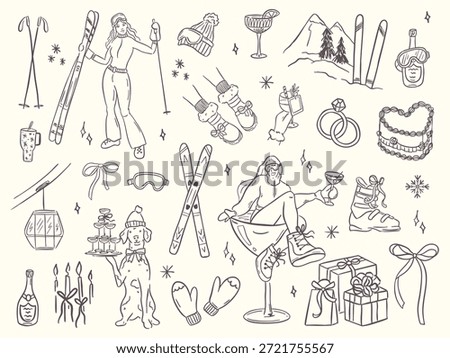 Hand drawn winter ski and apres ski illustration set in whimsical doodle style. Includes skiers, snowboard, clothing, equipment, cocktails and holiday elements. Cute line art, vintage look, isolated