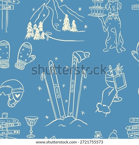 Hand drawn winter ski and apres ski seamless pattern in whimsical doodle style. Includes skiers, snowboard, clothing, equipment, cocktails and holiday elements. Cute line art, vintage background