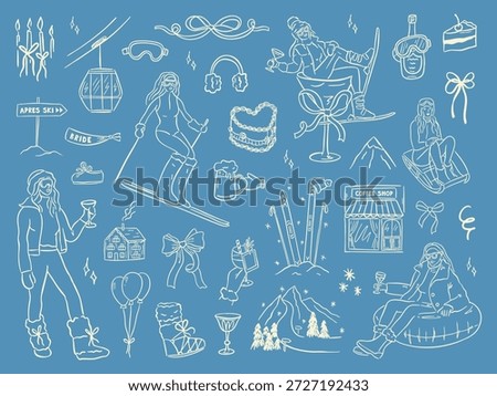 Hand drawn winter ski and apres ski illustration set in whimsical doodle style. Includes skiers, snowboard, clothing, equipment, cocktails and holiday elements. Cute line art, vintage look, isolated