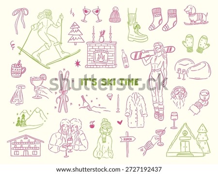 Hand drawn winter ski and apres ski illustration set in whimsical doodle style. Includes skiers, snowboard, clothing, equipment, cocktails and holiday elements. Cute line art, vintage look, isolated