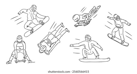 Hand drawn winter sports outline doodles with snowboarders, sledding, and athletes in dynamic action poses, showcasing energy and outdoor adventure. Vector outline drawing for coloring pages