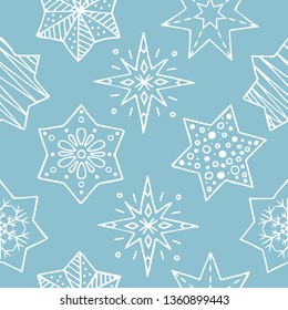 Hand drawn winter stars seamless pattern. Vector Merry Christmas gift wrapper background. 