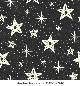 Hand Drawn Winter Stars Vector Seamless Patterns. Christmas Starry Sky Print. Winter Holidays, Noel, New Year Background. Decorative Backdrop For Fabric, Wrapping Paper. Black and White Doodle