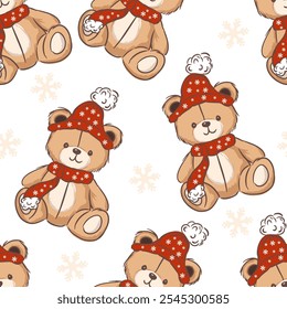 Hand drawn winter teddy bear seamless pattern with snowflakes