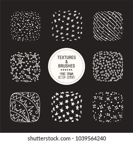 Hand drawn winter textures and brushes. Artistic collection of design elements: snowflakes, snow dots, stars, sparkles, wavy lines, frost abstract backgrounds, patterns made with ink. Isolated vector.