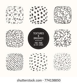 Hand drawn winter textures and brushes. Artistic collection of design elements: snowflakes, snow dots, stars, sparkles, wavy lines, frost abstract backgrounds, patterns made with ink. Isolated vector.