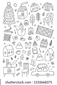 Hand drawn winter time collection. Vector illustrations for Christmas and New Year holidays. Cute hygge elements and decorations