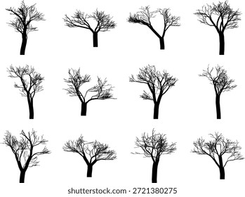 Hand Drawn Winter Tree Silhouettes Set Isolated on White Background for Natural Design