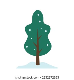 Hand Drawn winter tree with snow in green flat vector design illustration for clip art for garden park and forest isolated on white background